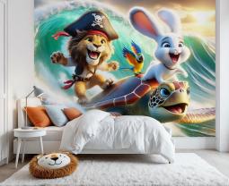 Lion et Lapin Surfant avec une Tortue de Mer