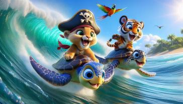 Fotomurali per Cameretta Bambini - Leone e Tigre che Fanno Surf con Tartarughe Marine