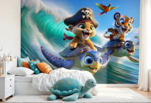 Lion et Tigre Surfant avec des Tortues Marines