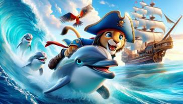 Murais de Parede Quarto Infantil - Golfinhos e Leãozinho Pirata Aventura em Alto Mar