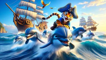 Fotomurali per Cameretta Bambini - Delfini e Tigrotto in una Divertente Avventura da Pirati