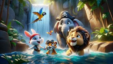 Fotomurali per Cameretta Bambini - Cascata Tropicale con Animali della Giungla