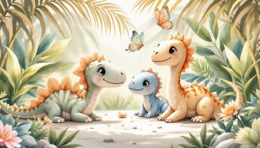 Fotomurali per Cameretta Bambini - Dinosauri e Farfalle nella Foresta in Toni Pastello