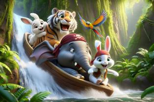 Papier Peint Chambre Enfant - Cascade Tropicale avec des Animaux de la Jungle