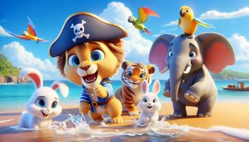 Fotobehang Kinderkamer - Piraat Leeuw en Vrienden op het Tropische Strand