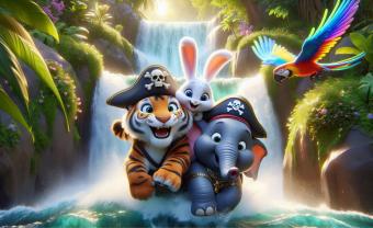 Fotomurali per Cameretta Bambini - Avventura alla Cascata con gli Animali della Giungla