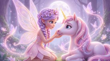 Kids' Room Wall Murals - Fairy and Unicorn in the Forest in Lilac and Pink Tones