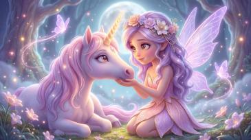 Fotomurali per Cameretta Bambini - Fata Incantata con Unicorno nella Notte Magica