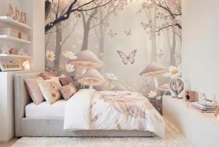 Verzauberter Wald mit Blumen und Schmetterlingen in Pastelltönen