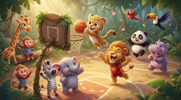 Fotomurales Habitación Infantil - Juego de Baloncesto con Adorables Animales de la Selva