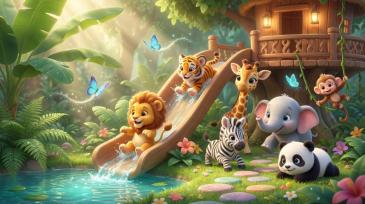 Fototapet Barnerom - Tretopphus i Jungelen med Løve, Tiger og Venner