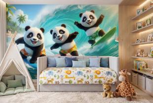 Surfing Pandas on a Tropical Beach