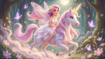 Fotomurales Habitación Infantil - Hada y Unicornio en el Bosque en Tonos Rosa y Lila