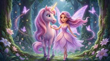Fototapeten für Kinderzimmer - Fee und Einhorn im Verzauberten Wald in Lilatönen