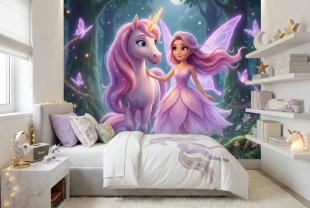 Fee und Einhorn im Verzauberten Wald in Lilatönen