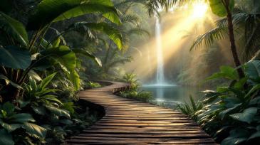 Fotobehang - Tropisch Bos met Houten Vlonder