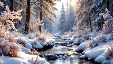 Murais de Parede - Riacho na Floresta Nevada
