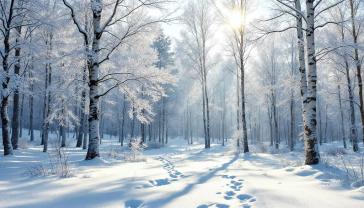 Fototapet - Solrik Dag i den Snødekkede Skogen
