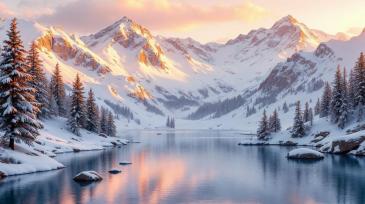 Fototapeter - Snöklädda Berg med Alpin Sjö och Tallar