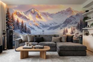 Snöklädda Berg med Alpin Sjö och Tallar