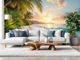 Playa Tropical con Palmeras y Puesta de Sol