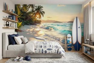 Beach at Sunset with Palm Trees