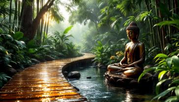 Fotomurali - Foresta Tropicale Con Statua Di Buddha