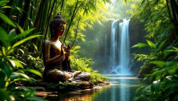 Papier Peint Photo - Cascade dans la Forêt avec Bouddha